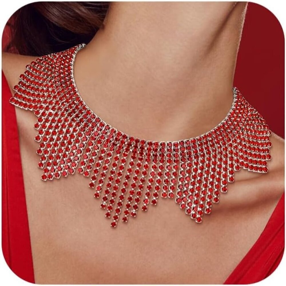 🆕 Women Red Sparkly Choker Necklace Rhinestone Crystal Tassel Chain Jewelry